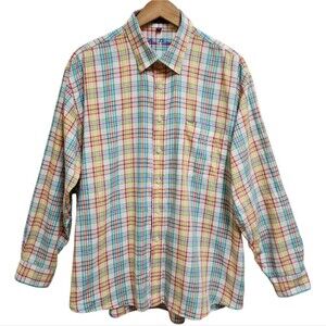 Alan Flusser Shirt Men XL Cotton Blue Yellow Plaid Button Lng Slv Pocket Preppy